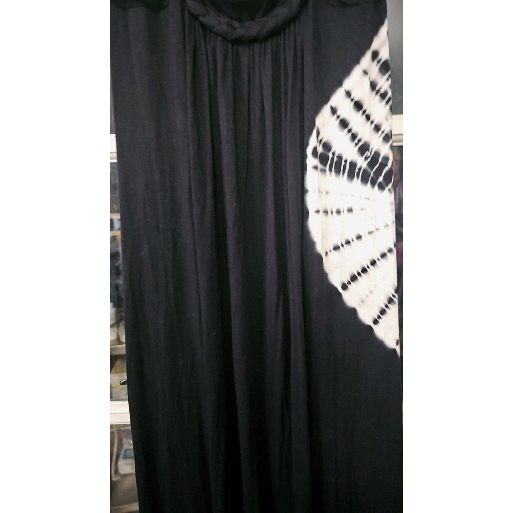 Boho Jersey Tie-dye Maxi Dress Black White Braided Straps Sz M Hippie Vibes #229 - Picture 3 of 8